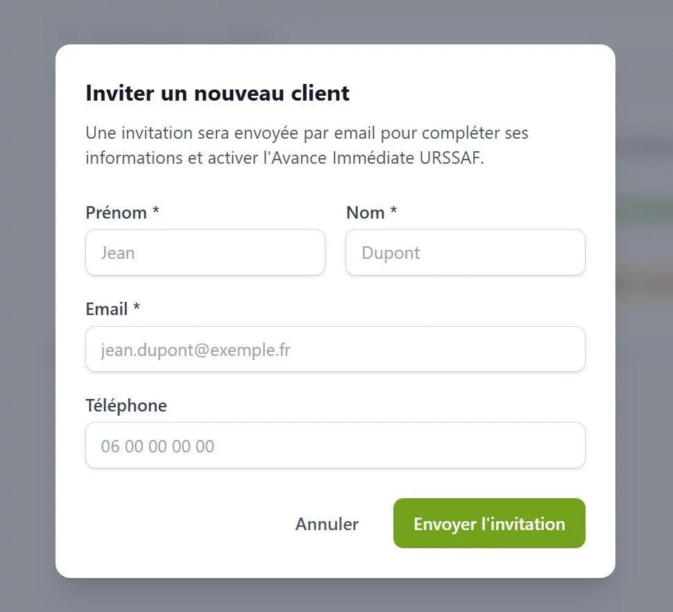 Fonctionnalité d'invitation client par email sur Prestavance avec formulaire guidé