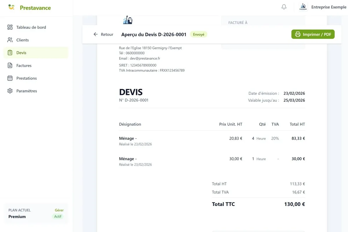 Exemple de devis généré par Prestavance