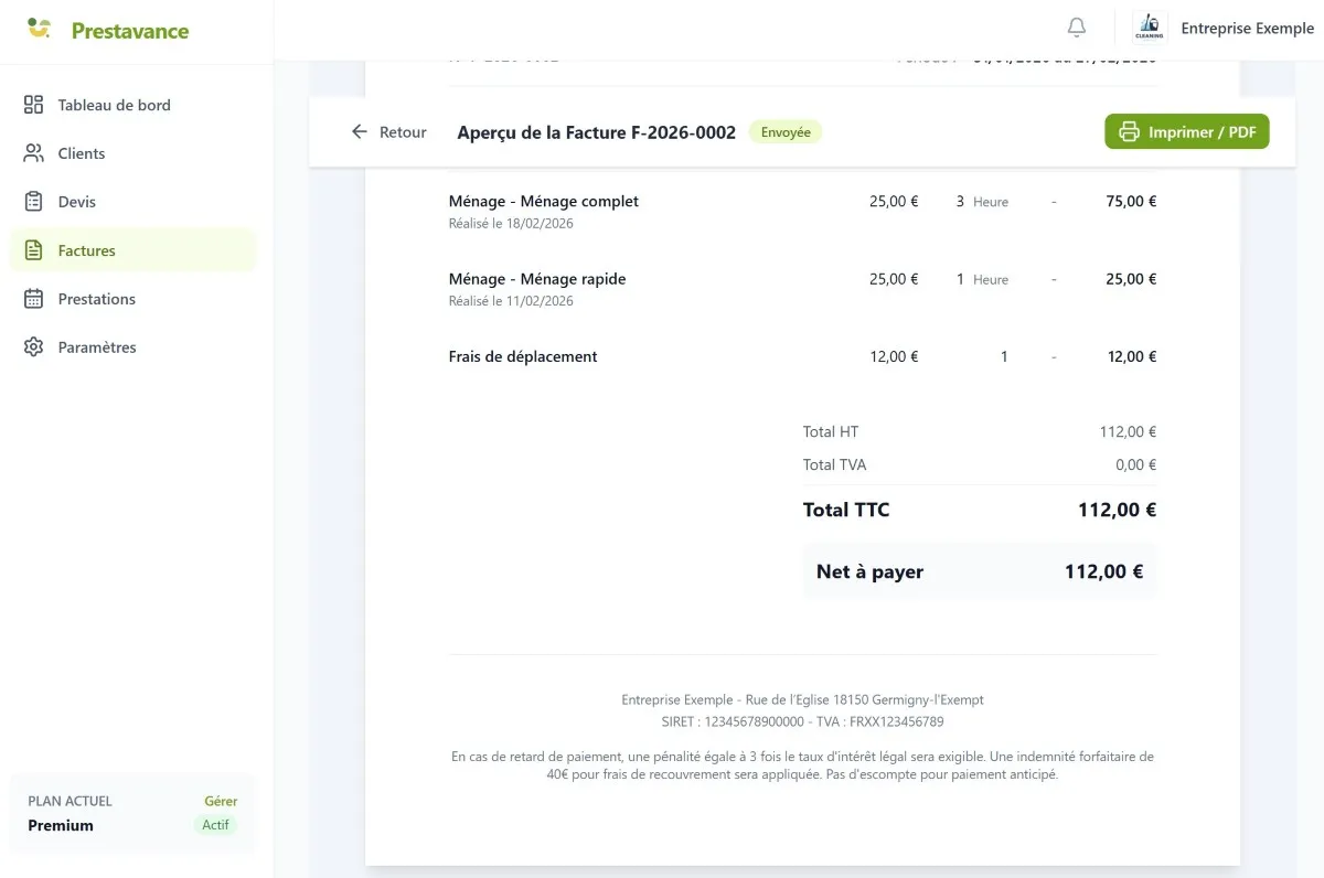Exemple de facture conforme générée par Prestavance
