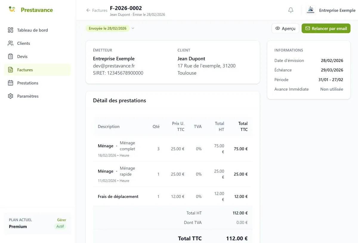Détail d'une facture sur Prestavance