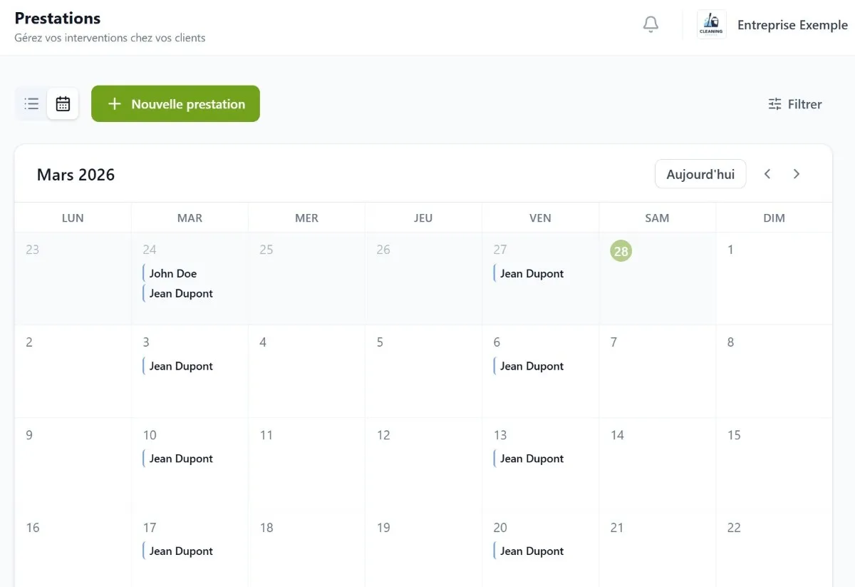 Calendrier d'interventions sur Prestavance avec vue hebdomadaire et mensuelle